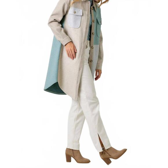 NEW MYSTREE fae color block shacket in oatmeal blue - Picture 3 of 4